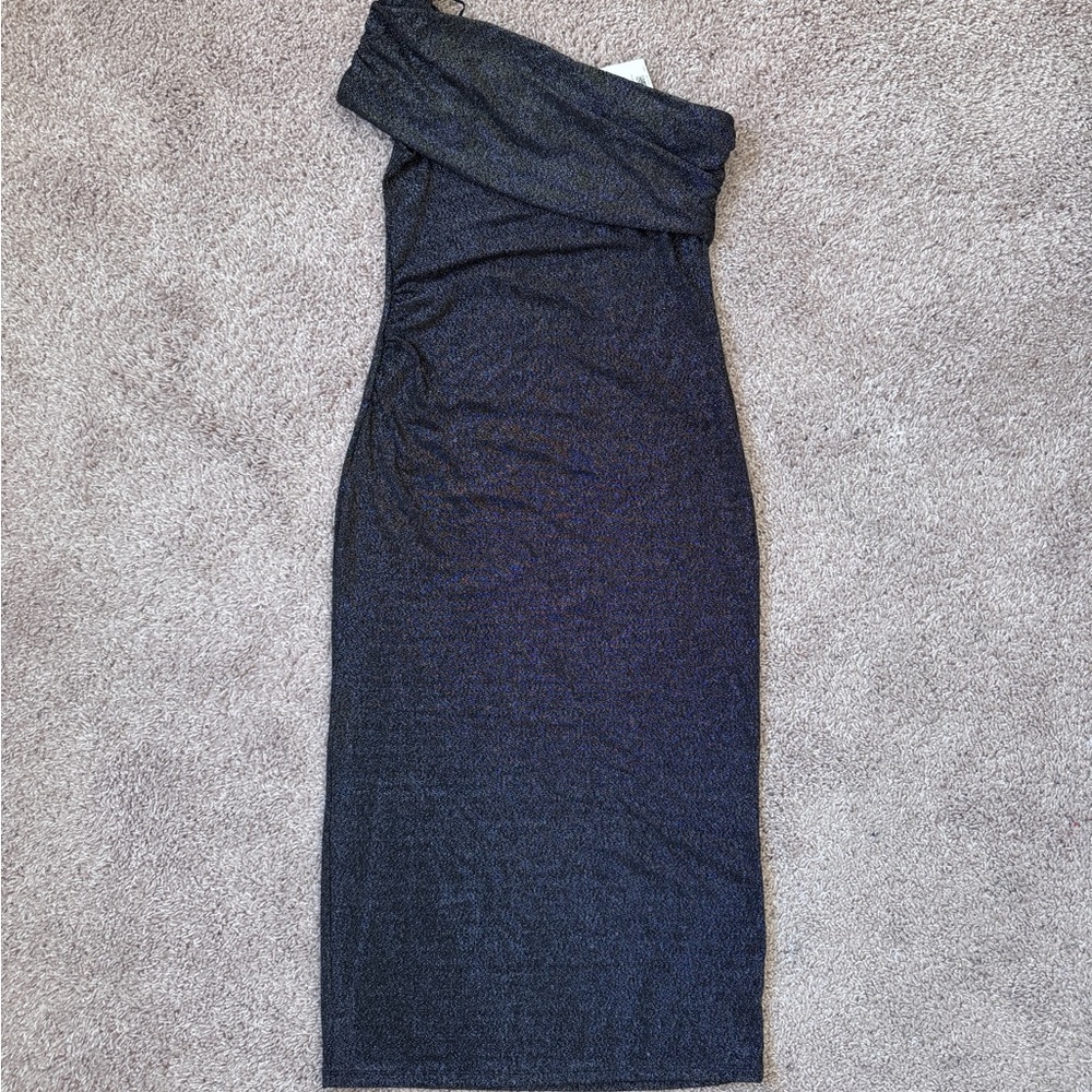 H&M One Shoulder Black Dress with silver lurex Midi